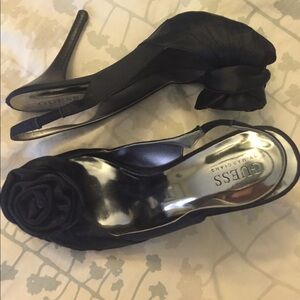 Guess Black Satin Peep-Toe Slingback Heels with Rosette